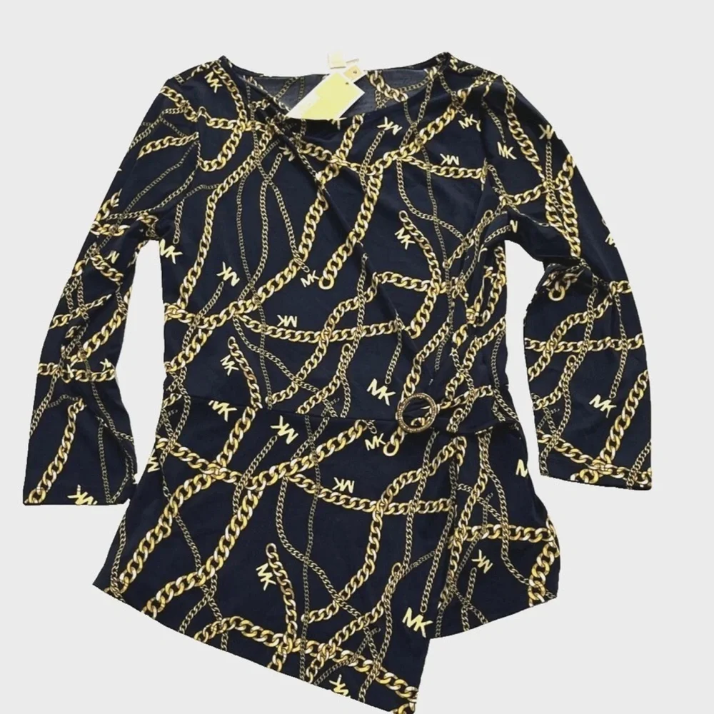 Michael Kors Black and Gold Chain Print Blouse New Plus 3x